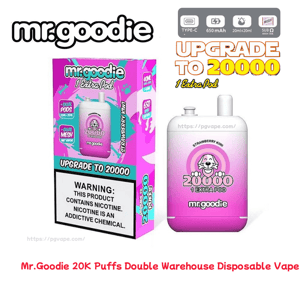 Mr.goodie strawberry kiwi disposable vape next to its pink-and-white box, both labeled 
