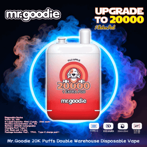 Red-to-white Mr. Goodie disposable vape device labeled 'Fuji Apple' with a smiling dog logo and large '20000 1 EXTRA POD' text, centered in a blue neon ring against swirling blue and purple smoke and promotional text reading 'mr.goodie' and 'Upgrade to 20000' around it.