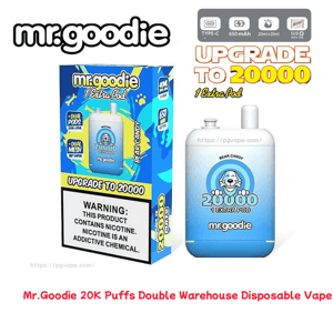 Product shot of Mr.goodie 'Bear Candy' disposable vape and matching blue retail box labeled 'Upgrade to 20000' and '1 Extra Pod', showing the rectangular blue-and-white device with cartoon bear logo, small technical icons (Type-C, 650 mAh, 20ml+20ml, mesh), and a visible nicotine warning on the box.