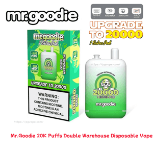 White-and-green Mr. Goodie disposable vape device and matching box labeled “Upgrade to 20000” with frozen watermelon artwork, “1 Extra Pod” text, nicotine warning panel, and small icons for Type‑C, 650 mAh battery and dual 20 ml pods.