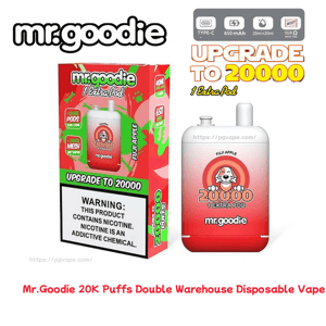 Mr. Goodie disposable vape and box in a red-to-white gradient branded 