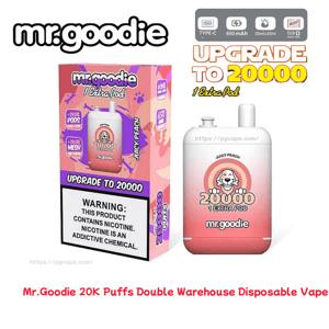 Pink Mr.goodie disposable vape box beside a matching pink device, both labeled 