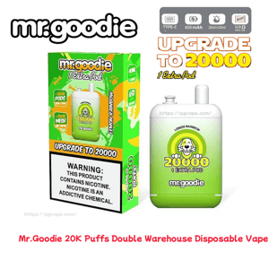 Green Mr. Goodie disposable vape device and matching retail box for Lemon Rainbow flavor, showing 