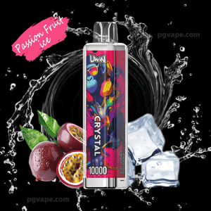 Colorful disposable vape device labeled Crystal 10000 with vibrant gorilla artwork and clear mouthpiece centered against a black water-splash background, flanked by passion fruit halves, ice cubes, a pink 'Passion Fruit ice' brushstroke label and a pgvape.com watermark.