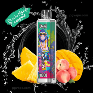Colorful Uwin Crystal 10000 disposable vape with a vibrant multicolored label centered against a black background with splashing water, a green 'Peach Mango Pineapple' flavor banner, and arranged peach, mango and pineapple pieces.