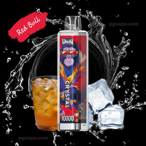 Colorful disposable vape device labeled Crystal 10000 featuring a stylized ape in sunglasses and gold chains stands centered against a black background with splashing water, ice cubes, a glass of iced drink and a red brushstroke reading Red Bull, with faint pgvape.com watermarks.
