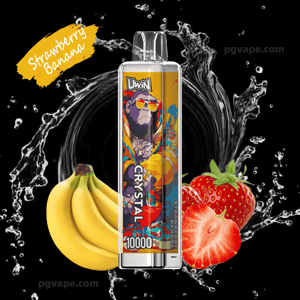 Colorful disposable vape pen labeled Crystal 10000 with stylized monkey artwork centered between ripe strawberries and a bunch of bananas, set against a black background with water-splash accents and a yellow paint-stroke 'Strawberry Banana' label.