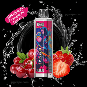 Disposable vape device with a colorful monkey graphic and CRYSTAL 10000 label centered against a black background, surrounded by splashing water, fresh cherries and strawberries and a pink brushstroke reading Strawberry Cranberry Cherry.