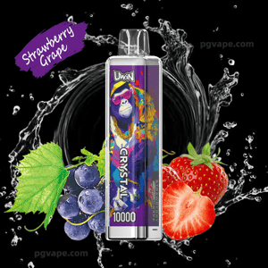 Colorful disposable vape device labeled Crystal 10000 with a stylized gorilla graphic centered against a black background, surrounded by splashing water, strawberries and grapes and a purple brushstroke reading Strawberry Grape.