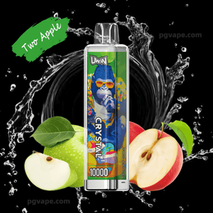 Disposable vape device with colorful CRYSTAL 10000 branding and a green Two Apple flavor banner, set against a black background with water splash effects and paired with a green and a red apple.