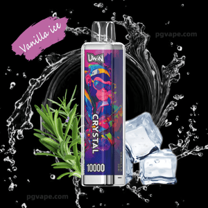 Colorful Uwin Crystal disposable vape device with a glossy metallic mouthpiece and '10000' label, shown against a black background with splashing water, ice cubes, a sprig of green herb, and a purple paint swatch reading 'Vanilla ice'.