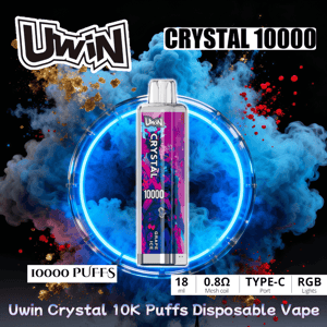 En Uwin Crystal 10000 engångsvape med en lila-blå 'Grape Ice'-design centrerad i en glödande blå ring mot virvlande blå rök och guld- och röda stänk, med Uwin-logotypen och produktdetaljer som visar 10000 puffar, 18 ml, 0,8Ω mesh-spole, Type-C-port och RGB-lampor.