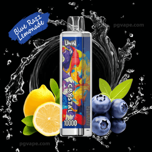 Colorful disposable vape device labeled Crystal 10000 centered against a black background with a circular water splash, flanked by a halved lemon on the left and a cluster of blueberries on the right and a blue banner reading Blue Razz Lemonade.