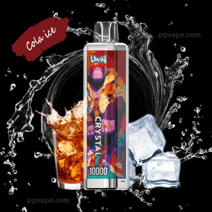 Slim disposable vape device labeled CRYSTAL 10000 with colorful gorilla artwork and a Uwin logo, centered against a black background with a splashing glass of cola, ice cubes and a red brushstroke reading Cola ice.
