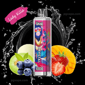 Colorful disposable vape device with pink-and-blue artwork of a sunglasses-wearing chimp and gold chain labeled CRYSTAL 10000, centered against a black background with a water splash, surrounded by blueberries, honeydew, mango and strawberry and a pink brushstroke reading Lady Killa.