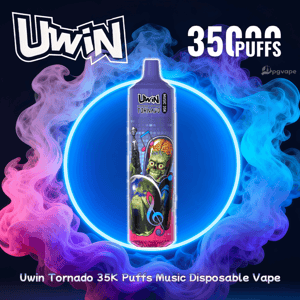 Dispositivo de vapeo desechable Uwin Tornado que presenta un diseño de dibujos animados de cerebro alienígena y notas musicales centrado en un anillo azul brillante con vapor rosa y azul arremolinado a su alrededor y el logotipo de Uwin en negrita y el texto 35K Puffs.
