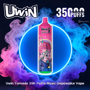 Imagen de marketing que muestra un vaporizador desechable Uwin Tornado rosa que presenta una calavera con un cerebro expuesto y detalles musicales centrados dentro de un anillo azul brillante, rodeado de vapor rosa y azul arremolinado, con el logotipo de Uwin en la parte superior izquierda y '35K Puffs' impreso en la parte superior derecha.