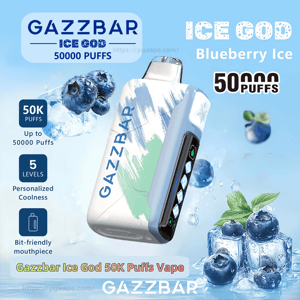 White and pale-blue GAZZBAR 'Ice God' disposable vape device with a side LED panel, shown amid ice cubes and blueberries on a frosty background with text noting Blueberry Ice flavor and 50,000 puffs.