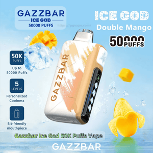 Promotional image of a Gazzbar Ice God disposable vape in orange-and-white design floating against a blue background with ice cubes and mango pieces, accompanied by text advertising Double Mango flavor, 50,000 puffs, five cooling levels, and a bite-friendly mouthpiece.
