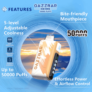 Advertising graphic for a Gazzbar Ice Cool 50,000-puff disposable vape showing a white-and-orange device with a bite-friendly mouthpiece and side control panel against a blue swirling background and sunset circle, highlighting features: 5-level adjustable coolness, up to 50,000 puffs, and effortless power and airflow control.