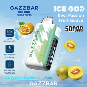 Advertisement showing a mint-green and white GAZZBAR Ice God disposable vape device with a small digital display, surrounded by sliced kiwi and passion fruit images and text noting 'Ice God', 'Kiwi Passion Fruit Guava' and '50,000 puffs' plus icons for 5 cooling levels and a bit-friendly mouthpiece.