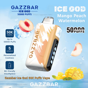 A GAZZBAR Ice God disposable vape with a beige-and-white brushstroke design centered over an icy blue background with mango chunks, peach slices and water splashes, accompanied by text advertising 'Ice God 50,000 puffs' and icons noting '50K puffs', '5 levels personalized coolness' and a bite-friendly mouthpiece.
