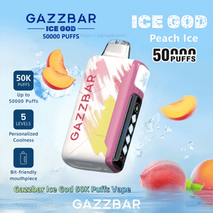 Compact white and pink GAZZBAR 'Ice God' disposable vape with brushstroke design and small LED display set against an icy blue background with floating peach slices, ice cubes, and text advertising Peach Ice flavor and 50,000 puffs