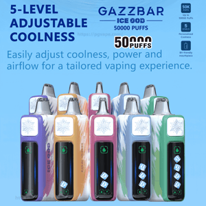 Row of colorful Gazzbar Ice God 50,000‑puff disposable vape devices with snowflake motifs and digital displays, shown against a light‑blue background with promotional text reading “5‑level adjustable coolness” and usage features.