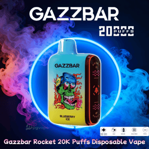 Gazzbar Rocket disposable vape device labeled Blueberry Ice with a vibrant green flaming skull illustration on its front, centered in a glowing neon ring against blue and pink smoke with brand name and 20K puffs text.