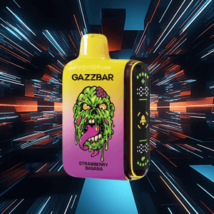 Yellow-and-purple GAZZBAR disposable vape labeled 'Strawberry Banana' with a dripping green zombie face illustration and a black side panel showing neon-green icons, set against a dynamic neon streaked background.