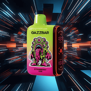 Bright green-and-pink GAZZBAR disposable vape featuring a dripping multi-eyed cartoon monster and the label 'Strawberry Kiwi,' floating against a neon, streaked futuristic background.