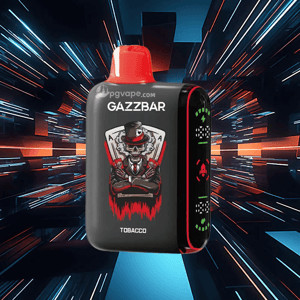 Compact black GAZZBAR disposable vape with a red mouthpiece and side LED indicators, front labeled TOBACCO and featuring an illustrated suited character with playing cards and red flame-like accents against a dynamic streaked blue and orange background.