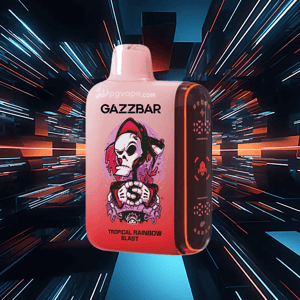 Pink rectangular GAZZBAR disposable vape featuring a hooded skull illustration and the flavor name Tropical Rainbow Blast, shown floating against a dynamic blue-and-orange streaked futuristic background.