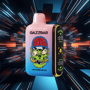 Disposable vape device with a pink-to-blue gradient labeled GAZZBAR Watermelon Ice, decorated with a neon green skull and exposed red brain graphic and a lit side LED panel, floating against a dynamic neon-streaked futuristic background.