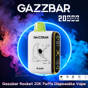 White GAZZBAR disposable vape with a lime-green mouthpiece and a black line drawing of an astronaut sitting on a crescent moon, centered inside a glowing blue neon ring against swirling pink and blue vapor, with bold GAZZBAR and 
