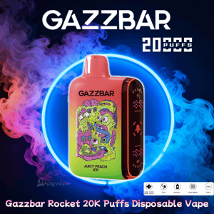 A brightly colored GAZZBAR 'Juicy Peach Ice' Rocket disposable vape device illustrated with psychedelic multi-eyed monster art, centered inside a glowing blue neon ring against swirling pink and blue vapor, with the GAZZBAR logo and '20,000 puffs' text above.