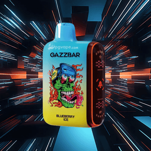Portable GAZZBAR disposable vape device with a blue-to-yellow gradient labeled “Blueberry Ice,” decorated with a neon green flaming skull illustration and an illuminated side panel set against a streaking futuristic tunnel background.