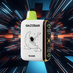 White GAZZBAR GLEAR disposable vape with a lime-green mouthpiece and a black-and-white illustration of an astronaut sitting on a crescent moon, set against a neon, streaked futuristic background.