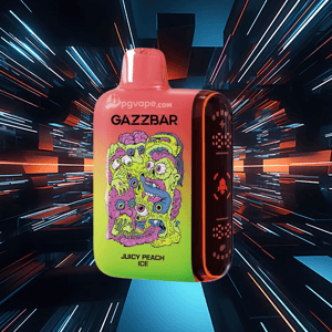 Bright pink-to-green disposable vape device labeled GAZZBAR and JUICY PEACH ICE with a colorful, multi-eyed psychedelic monster illustration, set against a dynamic neon streaked futuristic background.