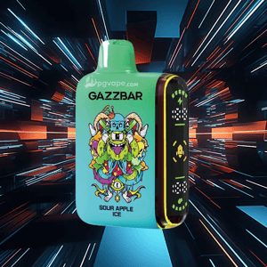 Bright turquoise-green Gazzbar disposable vape with a colorful grotesque monster illustration and 'Sour Apple Ice' label, shown floating against a streaked futuristic light-speed background.
