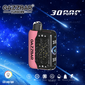 Pink and black Gazzbar Turbo disposable vape with a constellation pattern and vertical GAZZBAR logo set against a starry space background, with large 