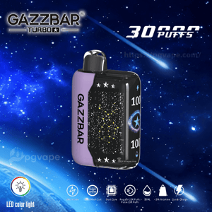 Promotional image of a purple-and-black GAZZBAR Turbo disposable vape featuring constellation and star graphics, labeled with branding and '30,000 puffs,' set against a blue starry space background with feature icons along the bottom.