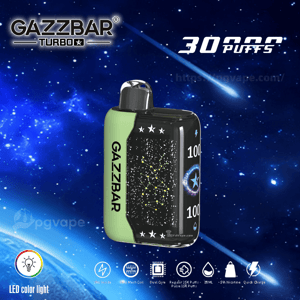 Compact green-and-black GAZZBAR Turbo disposable vape with a chrome mouthpiece and starry constellation design, shown against a blue starfield background with large “30,000 puffs” text and product specification icons along the bottom.