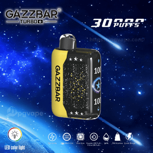 Yellow-and-black GAZZBAR Turbo disposable vape with a starry constellation graphic and numeric display, shown floating against a blue space background with '30,000 puffs' text and product icons along the bottom.