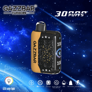 GAZZBAR Turbo disposable vape device with yellow-and-black casing and a starry constellation panel, displayed against a blue galaxy background with '30,000 puffs' text at the top and small feature icons along the bottom.