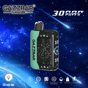 Teal and black GAZZBAR Turbo disposable vape with chrome mouthpiece and constellation-style front panel, shown against a starry blue space background with large 