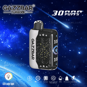 Silver-and-black GAZZBAR Turbo disposable vape centered on a blue starfield background with large '30,000 PUFFS' text, a constellation-style pattern on the device, a side display reading '100', and a row of product feature icons along the bottom.