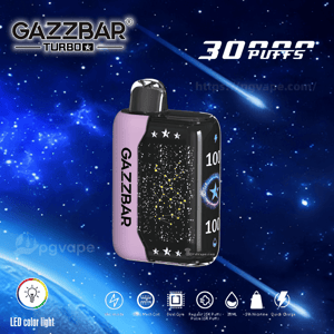 Pink-and-black GAZZBAR Turbo disposable vape with a constellation design and digital-style display floating against a blue starry cosmic background, '30,000 PUFFS' text overhead and feature icons along the bottom.
