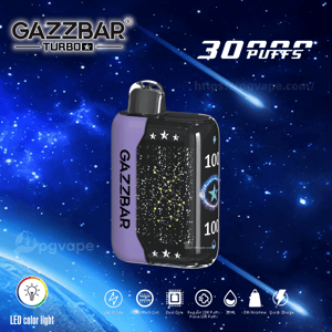 Purple-and-black GAZZBAR Turbo disposable vape device with a constellation-pattern front and LED-style battery/star display, set against a starry space background with “30,000 puffs” text and feature icons along the bottom