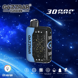 Blue-and-black GAZZBAR Turbo disposable vape with a starry constellation panel and vertical brand name, shown against a space background with large '30,000 puffs' text and feature icons along the bottom.